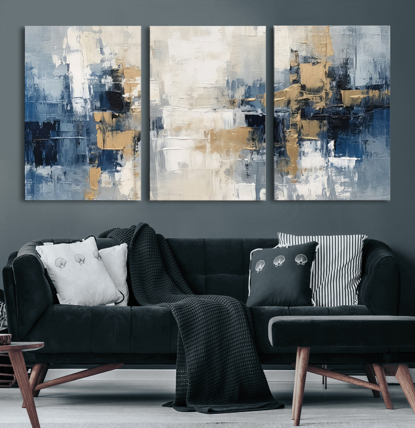44344-MGV-CV-60X30-3P-Abstract Blue and Gold Wall Art – Modern Hand Painted Canvas Print, Contemporary Textured Painting for Living Room, Bedroom or