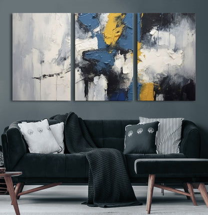 63850-MGV-CV-60X30-3P-Abstract Blue and Yellow Wall Art – Modern Textured Canvas Painting, Bold Contemporary Artwork for Living Room, Bedroom or Office