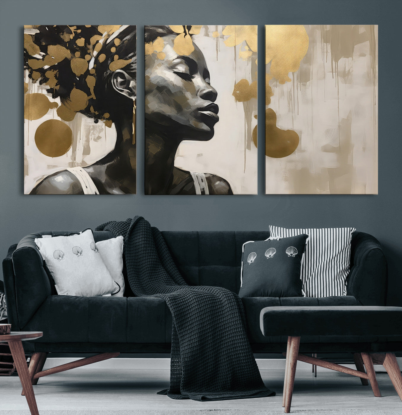 65669-MGV-CV-36X24-Elegant Black Woman Wall Art – Modern Abstract Portrait Canvas with Gold Accents, Contemporary Afrocentric Decor for Living Room