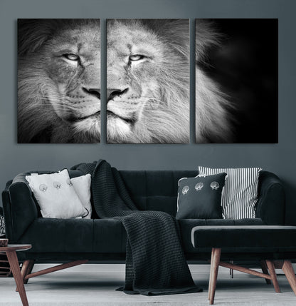 94453-MGV-CV-60X30-3P-Lion Portrait Wall Art – Black and White King of the Jungle Canvas Print, Safari Wildlife Decor for Office, Bedroom, or Living