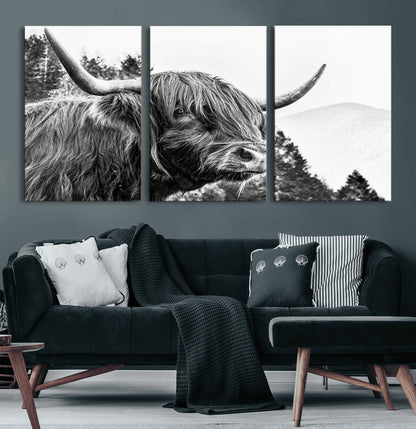 61570-MGV-CV-36X24-Highland Cow Wall Art – Black and White Scottish Bull Canvas Print, Rustic Farmhouse Animal Decor for Living Room, Bedroom, or