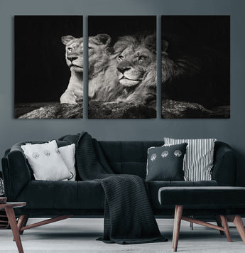 80013-MGV-CV-60X30-3P-Lion and Lioness Wall Art – Black and White Wildlife Photography Canvas Print, African Safari Animal Decor for Office, Bedroom, or