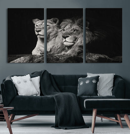 80013-MGV-CV-60X30-3P-Lion and Lioness Wall Art – Black and White Wildlife Photography Canvas Print, African Safari Animal Decor for Office, Bedroom, or