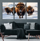 56701-MGV-CV-60X30-3P-Bison Herd Wall Art – Buffalo Walking in Snowy Mountains Canvas Print, Rustic Wildlife Decor for Cabin, Lodge, or Living Room