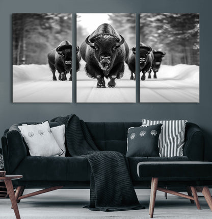 45287-MGV-CV-60X30-3P-Bison Herd Wall Art – Black and White Buffalo Snow Road Canvas Print, Rustic Wildlife Decor for Cabin, Lodge or Living Room