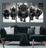 79872-MGV-CV-36X24-Bison Herd Wall Art – Black and White Buffalo on Snow Canvas Print, Rustic Wildlife Decor for Lodge, Cabin, or Living Room