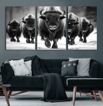 79872-MGV-CV-36X24-Bison Herd Wall Art – Black and White Buffalo on Snow Canvas Print, Rustic Wildlife Decor for Lodge, Cabin, or Living Room