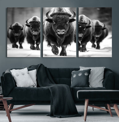 79872-MGV-CV-36X24-Bison Herd Wall Art – Black and White Buffalo on Snow Canvas Print, Rustic Wildlife Decor for Lodge, Cabin, or Living Room
