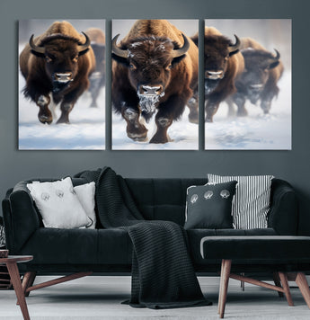 80512-MGV-CV-36X24-Bison Herd Wall Art – Buffalo Running in Snow Canvas Print, Rustic Wildlife Photography Decor for Cabin, Lodge, or Living Room