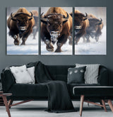 80512-MGV-CV-36X24-Bison Herd Wall Art – Buffalo Running in Snow Canvas Print, Rustic Wildlife Photography Decor for Cabin, Lodge, or Living Room