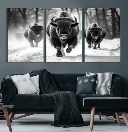 97552-MGV-CV-60X30-3P-Black and White Bison Wall Art – Buffalo Herd Running in Snow Canvas Print, Rustic Wildlife Photography Decor for Cabin, Lodge, or
