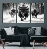 97552-MGV-CV-36X24-Black and White Bison Wall Art – Buffalo Herd Running in Snow Canvas Print, Rustic Wildlife Photography Decor for Cabin, Lodge, or