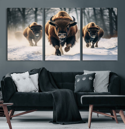 56549-MGV-CV-60X30-3P-Wild Bison Wall Art – Majestic Buffalo Herd Running in Snow Canvas Print, Rustic Wildlife Photography Decor for Cabin, Lodge, or