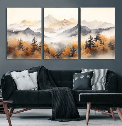 70049-MGV-CV-60X30-3P-Autumn Mountain Forest Wall Art – Misty Landscape Canvas Print, Rustic Nature Inspired Decor for Living Room, Bedroom or Office