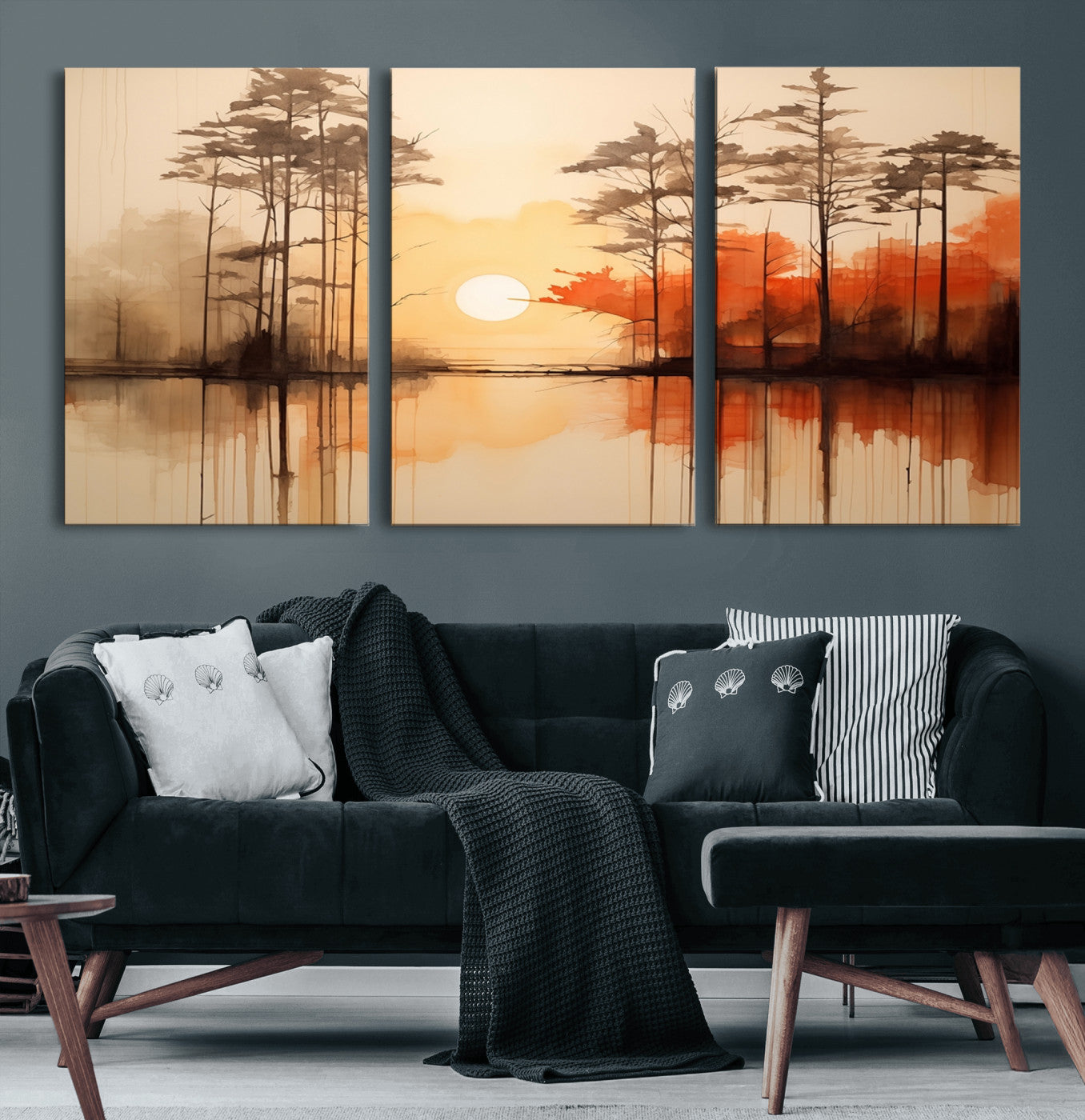 51083-MGV-CV-60X30-3P-Sunset Lake Forest Wall Art – Serene Trees and Orange Sky Reflection Canvas Print, Tranquil Nature Decor for Living Room, Office