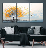 23385-MGV-CV-60X30-3P-Golden Butterfly Tree Wall Art – Abstract Yellow and Gray Canvas Print, Modern Nature Artwork for Living Room, Bedroom or Office