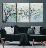 59455-MGV-CV-60X30-3P-Butterfly Tree Branch Wall Art – Blue and Yellow Abstract Canvas Print, Modern Nature Artwork for Living Room, Bedroom or Office