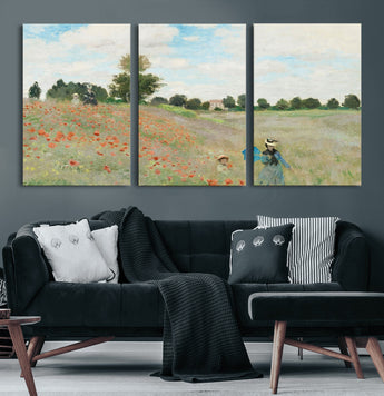 74890-MGV-CV-60X30-3P-Monet Poppy Field Wall Art – Impressionist Landscape Canvas Print, Classic French Artwork for Living Room, Bedroom or Office Decor