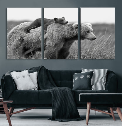 76338-MGV-CV-60X30-3P-Mother Bear and Cub Wall Art – Black and White Wildlife Canvas Print, Rustic Nature Photography for Cabin, Living Room or Office