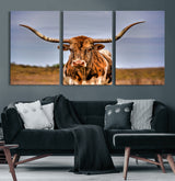 18594-MGV-CV-60X30-3P-Texas Longhorn Bull Wall Art – Rustic Western Cattle Canvas Print, Country Farmhouse Decor for Living Room, Office or Cabin
