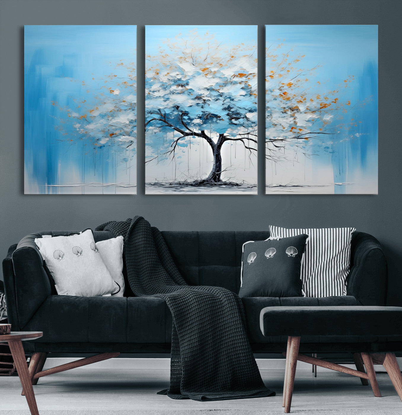 25021-MGV-CV-60X30-3P-Abstract Tree Wall Art – Blue and White Canvas Painting with Gold Accents, Modern Nature-Inspired Artwork for Living Room, Bedroom
