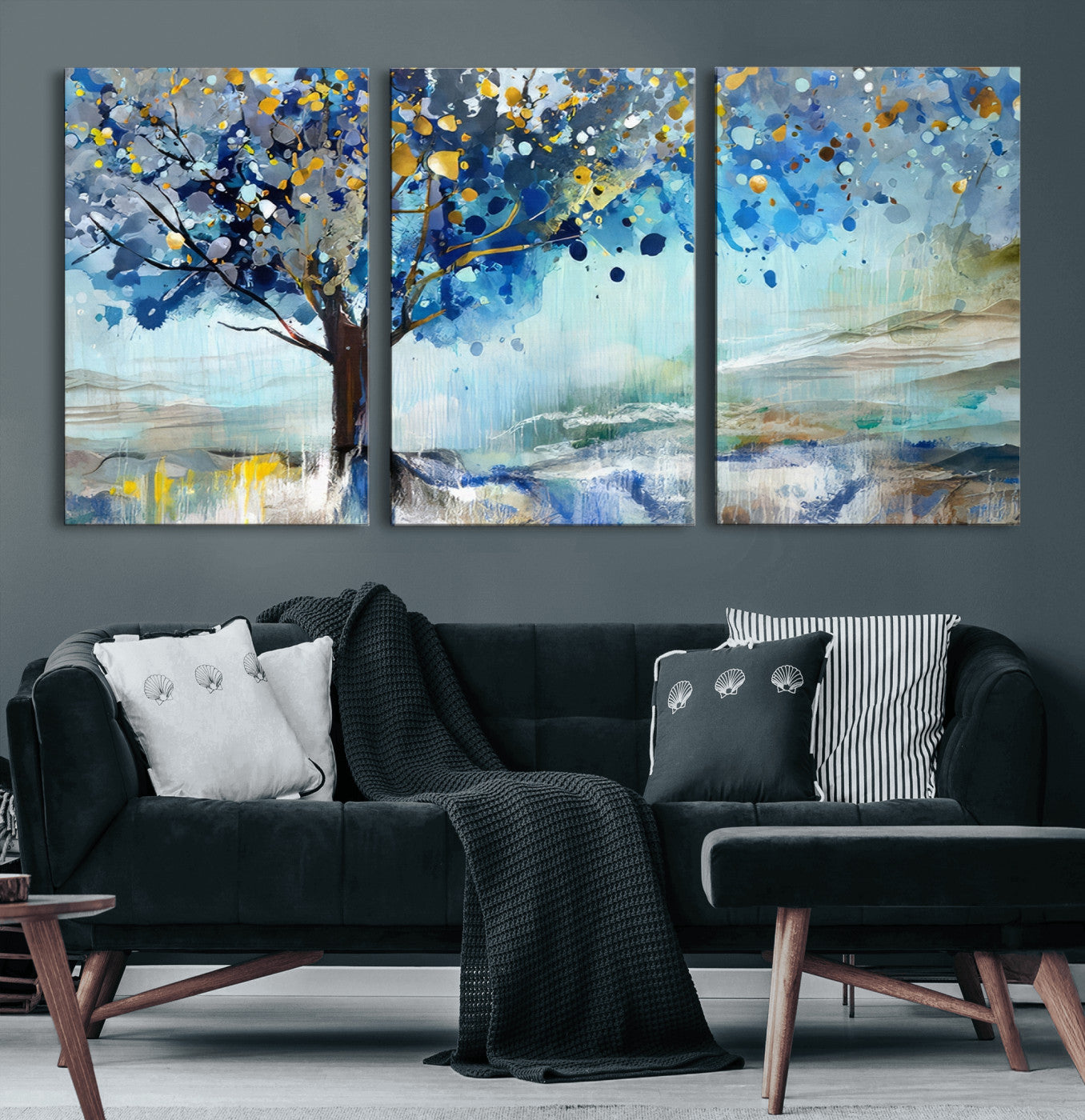 17018-MGV-CV-60X30-3P-Abstract Blue Tree Wall Art – Colorful Canvas Painting with Gold and Silver Accents, Modern Nature Artwork for Living Room,