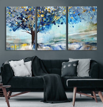 17018-MGV-CV-60X30-3P-Abstract Blue Tree Wall Art – Colorful Canvas Painting with Gold and Silver Accents, Modern Nature Artwork for Living Room,