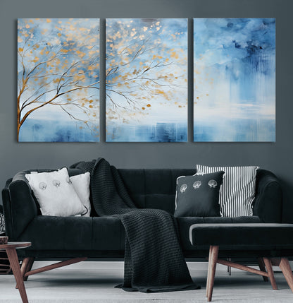 23891-MGV-CV-60X30-3P-Abstract Tree Wall Art – Minimalist Blue and Gold Canvas Painting, Elegant Nature-Inspired Artwork for Living Room, Bedroom or