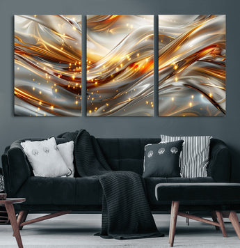 Lines1-MGV-CV-36X24-Abstract Metallic Wall Art – Silver and Gold Wave Canvas Print with Sparkling Accents, Modern Luxury Decor for Living Room, Office