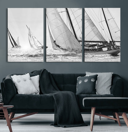 Boat-1-MGV-CV-60X30-3P-Sailboat Racing Wall Art – Nautical Black and White Canvas Print, Ocean Adventure Decor for Office, Living Room or Bedroom