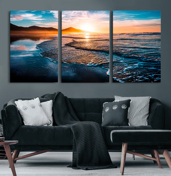 26494-MGV-CV-60X30-3P-Ocean Sunset Wall Art – Scenic Beach Canvas Print with Waves and Mountains, Coastal Seascape Photography for Living Room, Bedroom