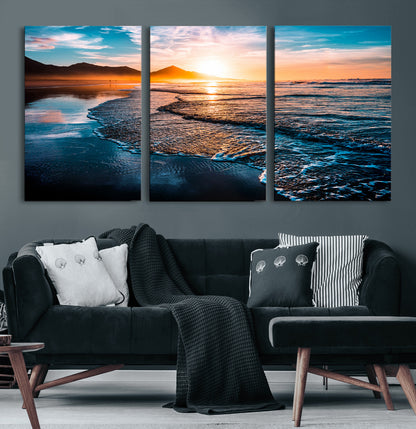 26494-MGV-CV-60X30-3P-Ocean Sunset Wall Art – Scenic Beach Canvas Print with Waves and Mountains, Coastal Seascape Photography for Living Room, Bedroom
