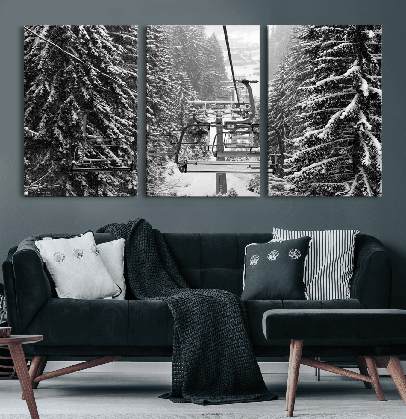 19240-MGV-CV-60X30-3P-Ski Lift Wall Art – Black and White Winter Mountain Canvas Print, Snowy Forest Ski Resort Photography for Cabin, Lodge, Office or
