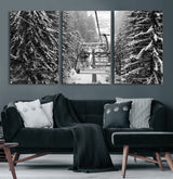 19240-MGV-CV-60X30-3P-Ski Lift Wall Art – Black and White Winter Mountain Canvas Print, Snowy Forest Ski Resort Photography for Cabin, Lodge, Office or