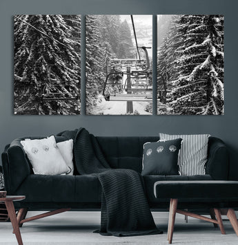 19240-MGV-CV-60X30-3P-Ski Lift Wall Art – Black and White Winter Mountain Canvas Print, Snowy Forest Ski Resort Photography for Cabin, Lodge, Office or