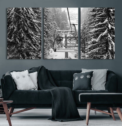 19240-MGV-CV-60X30-3P-Ski Lift Wall Art – Black and White Winter Mountain Canvas Print, Snowy Forest Ski Resort Photography for Cabin, Lodge, Office or