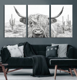 94579-MGV-CV-60X30-3P-Highland Cow Wall Art – Black and White Longhorn Canvas Print, Rustic Western Farmhouse Animal Photography for Living Room,