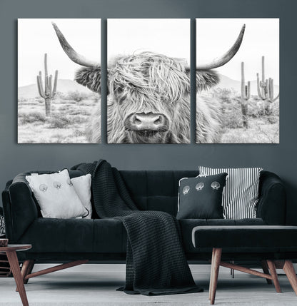 94579-MGV-CV-60X30-3P-Highland Cow Wall Art – Black and White Longhorn Canvas Print, Rustic Western Farmhouse Animal Photography for Living Room,