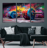 13549-MGV-CV-60X30-3P-Graffiti Gym Wall Art Canvas Print, Framed Graffiti Barbell Art Picture Print, Weightlifting Perfect Fitness Studio Decor Artwork
