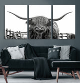 58188-MGV-CV-60X30-3P-Highland Cow Wall Art – Black and White Rustic Farmhouse Canvas Print, Longhorn Cattle Photography Decor for Living Room or