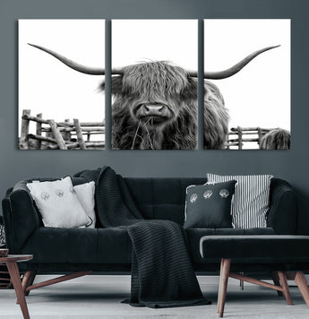 58188-MGV-CV-60X30-3P-Highland Cow Wall Art – Black and White Rustic Farmhouse Canvas Print, Longhorn Cattle Photography Decor for Living Room or