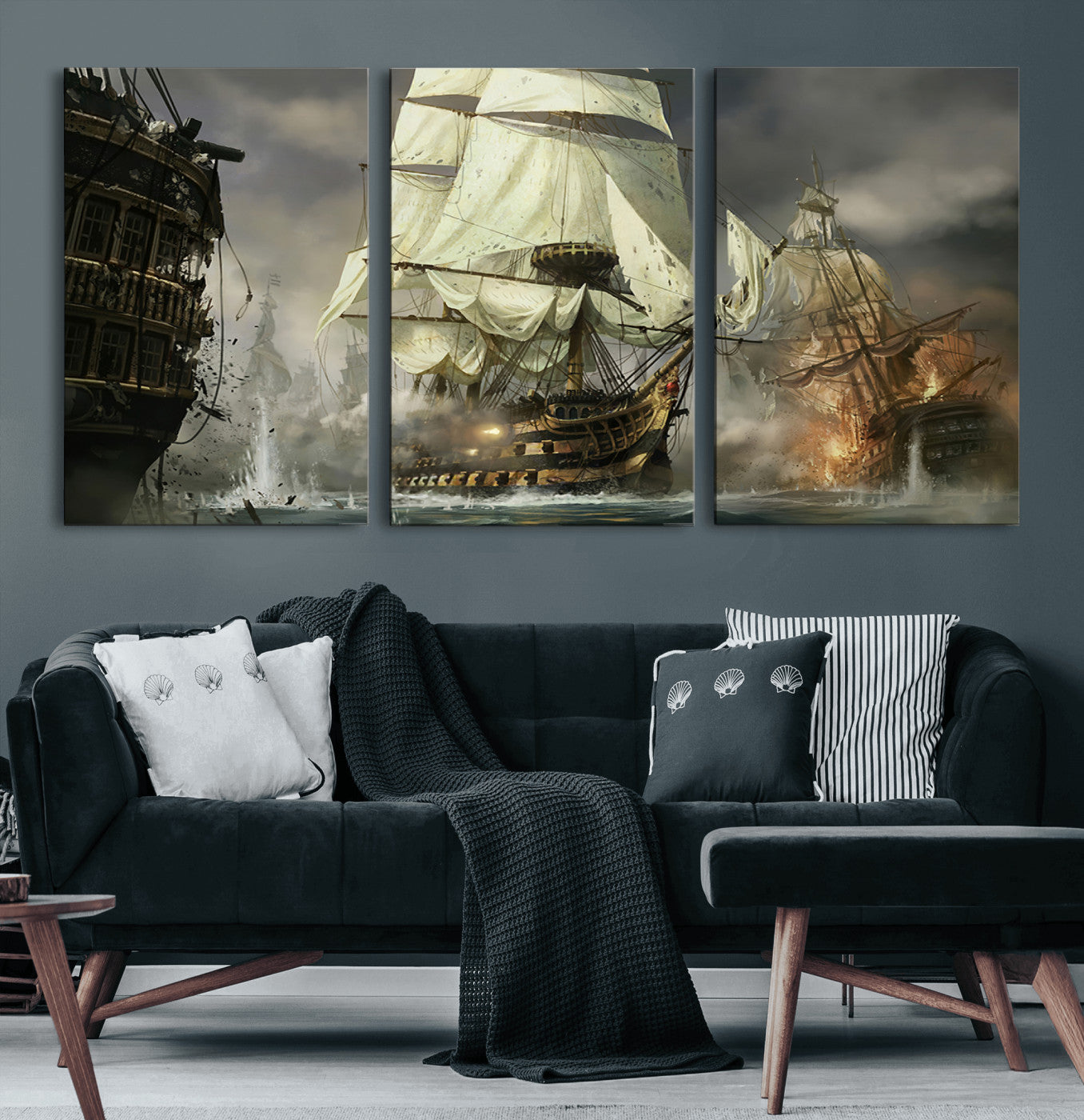26512-MGV-CV-60X30-3P-Naval Battle Wall Art – Dramatic Tall Ship Canvas Print, Historic Pirate Sailing War Scene, Nautical Decor for Office, Study or