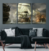 26512-MGV-CV-60X30-3P-Naval Battle Wall Art – Dramatic Tall Ship Canvas Print, Historic Pirate Sailing War Scene, Nautical Decor for Office, Study or