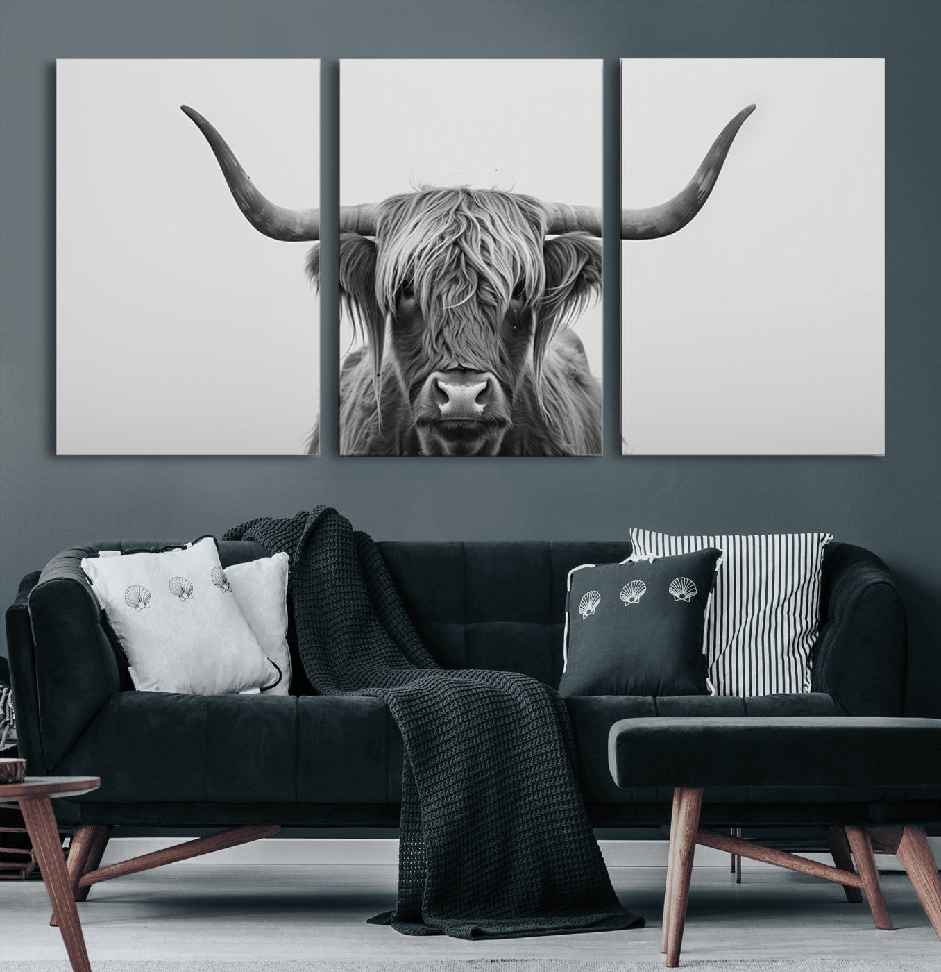 35820-MGV-CV-60X30-3P-Minimalist Highland Cow Wall Art – Black and White Longhorn Cattle Canvas Print, Modern Farmhouse Animal Photography Decor for