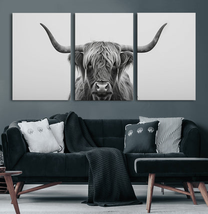 35820-MGV-CV-60X30-3P-Minimalist Highland Cow Wall Art – Black and White Longhorn Cattle Canvas Print, Modern Farmhouse Animal Photography Decor for