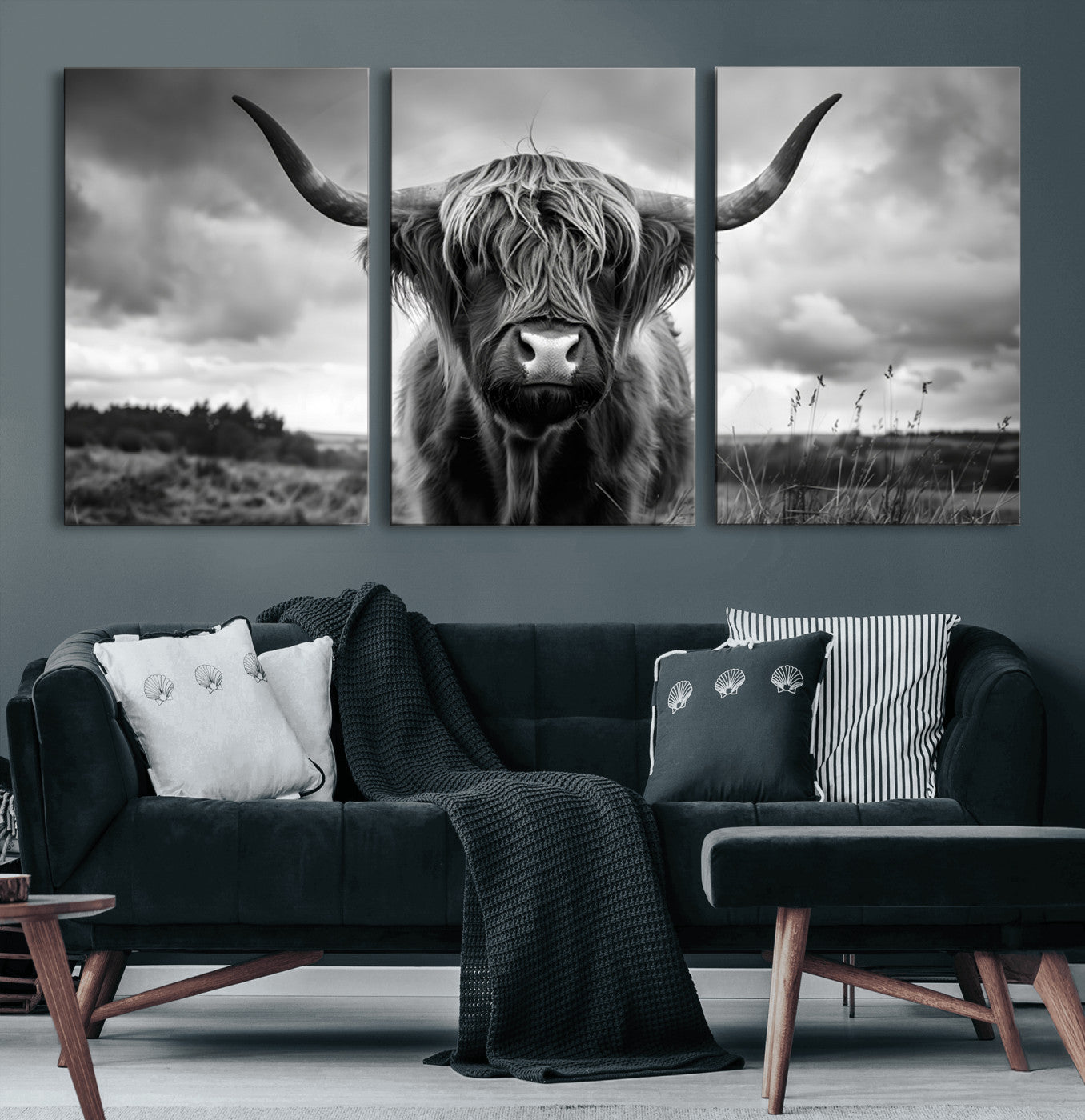 17924-MGV-CV-60X30-3P-Highland Cow Wall Art – Black and White Rustic Longhorn Cattle Canvas Print, Farmhouse Animal Photography Decor for Country Home