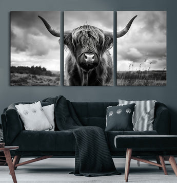 17924-MGV-CV-60X30-3P-Highland Cow Wall Art – Black and White Rustic Longhorn Cattle Canvas Print, Farmhouse Animal Photography Decor for Country Home