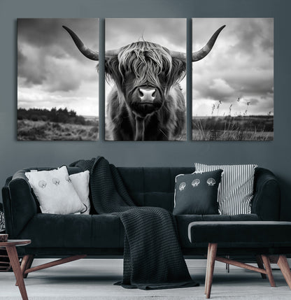 17924-MGV-CV-60X30-3P-Highland Cow Wall Art – Black and White Rustic Longhorn Cattle Canvas Print, Farmhouse Animal Photography Decor for Country Home