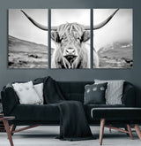 80564-MGV-CV-36X24-Highland Cow Wall Art – Black and White Scottish Highland Canvas Print, Rustic Farmhouse Decor for Living Room, Bedroom or Office