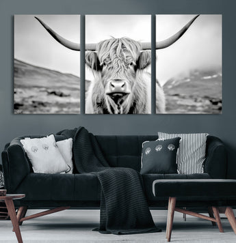 80564-MGV-CV-36X24-Highland Cow Wall Art – Black and White Scottish Highland Canvas Print, Rustic Farmhouse Decor for Living Room, Bedroom or Office